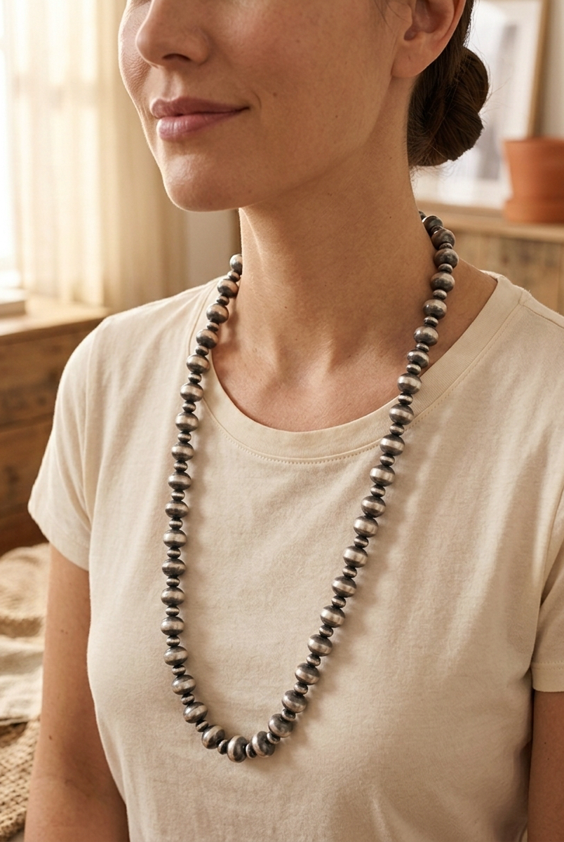 Close-up of the Cowhide & Conchos Saucer Sterling Pearl Statement Necklace — lustrous saucer-shaped pearls, premium Western statement.