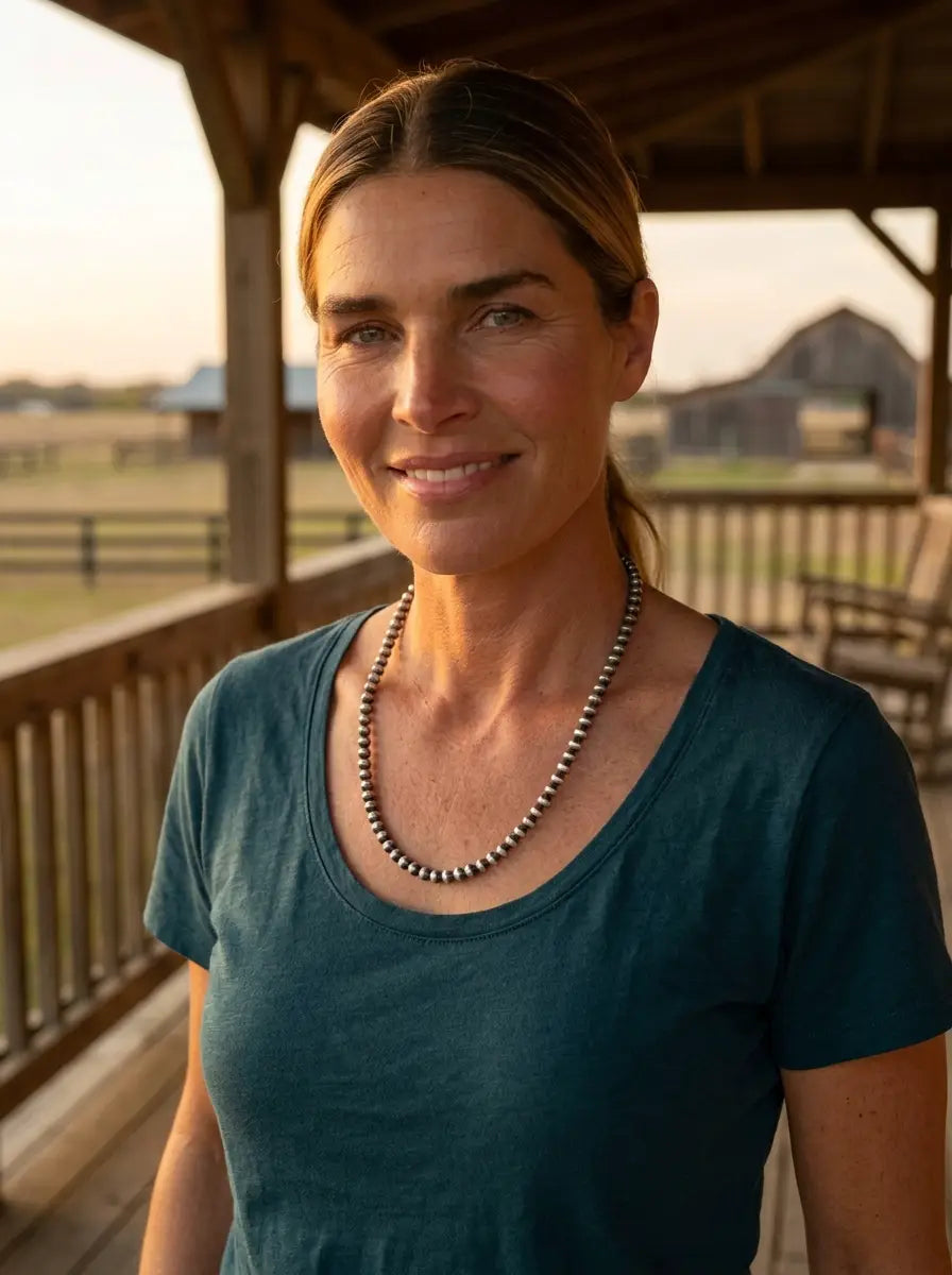 Blonde ranch woman at golden hour wearing the Dorinda Mariano Navajo Pearl Necklace — handcrafted sterling silver pearls, heirloom Western elegance.