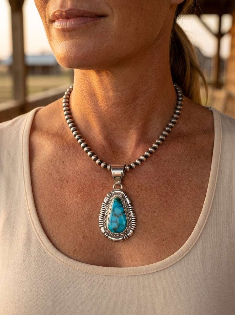 Close-up of the Cowhide & Conchos Thomas Francisco Kingman Turquoise Pendant on a sterling pearl necklace — vibrant blue Kingman turquoise and handcrafted silver, heirloom Western detail.