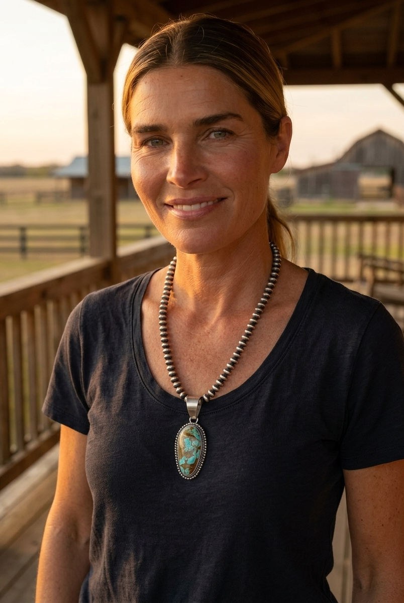 Blonde ranch model at golden hour wearing the Cowhide & Conchos Daniel Benally #8 Mine Turquoise Pendant on a sterling saucer-pearl strand — authentic Navajo artistry, Western statement.
