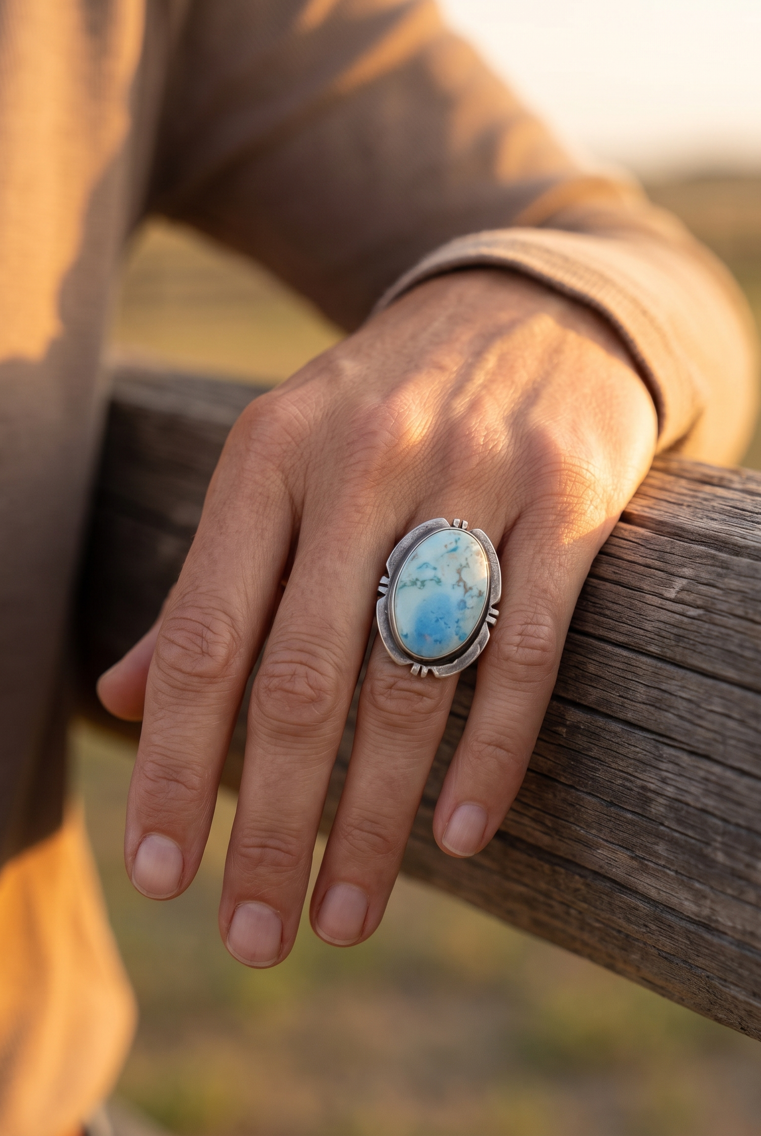 A hand resting on a ranch fence rail wearing the Cowhide & Conchos Randy Billy Navajo Golden Hills turquoise ring — heirloom western style.