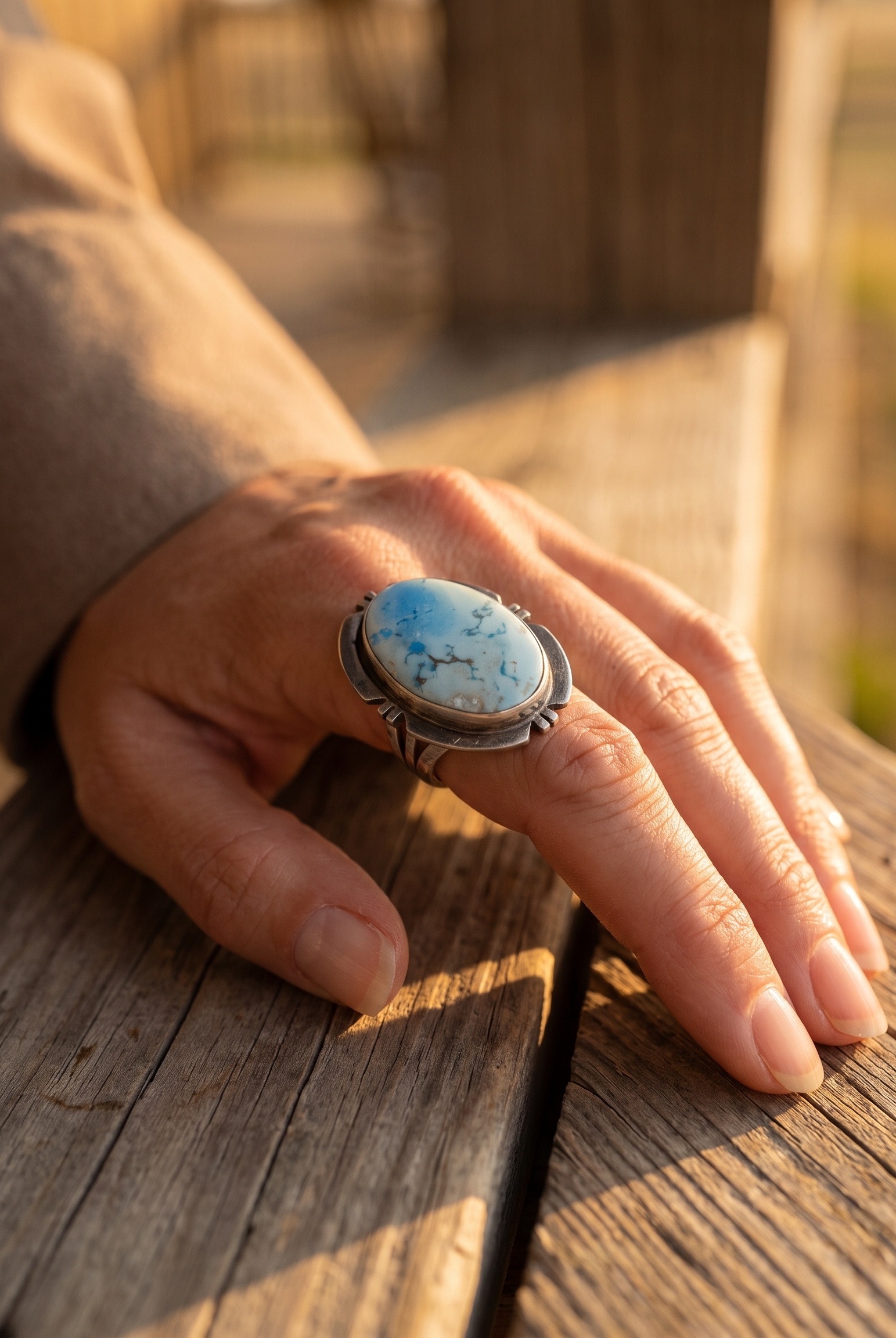 Close-up of the Cowhide & Conchos Randy Billy Navajo sterling silver ring with Golden Hills turquoise — artisan craftsmanship up close.