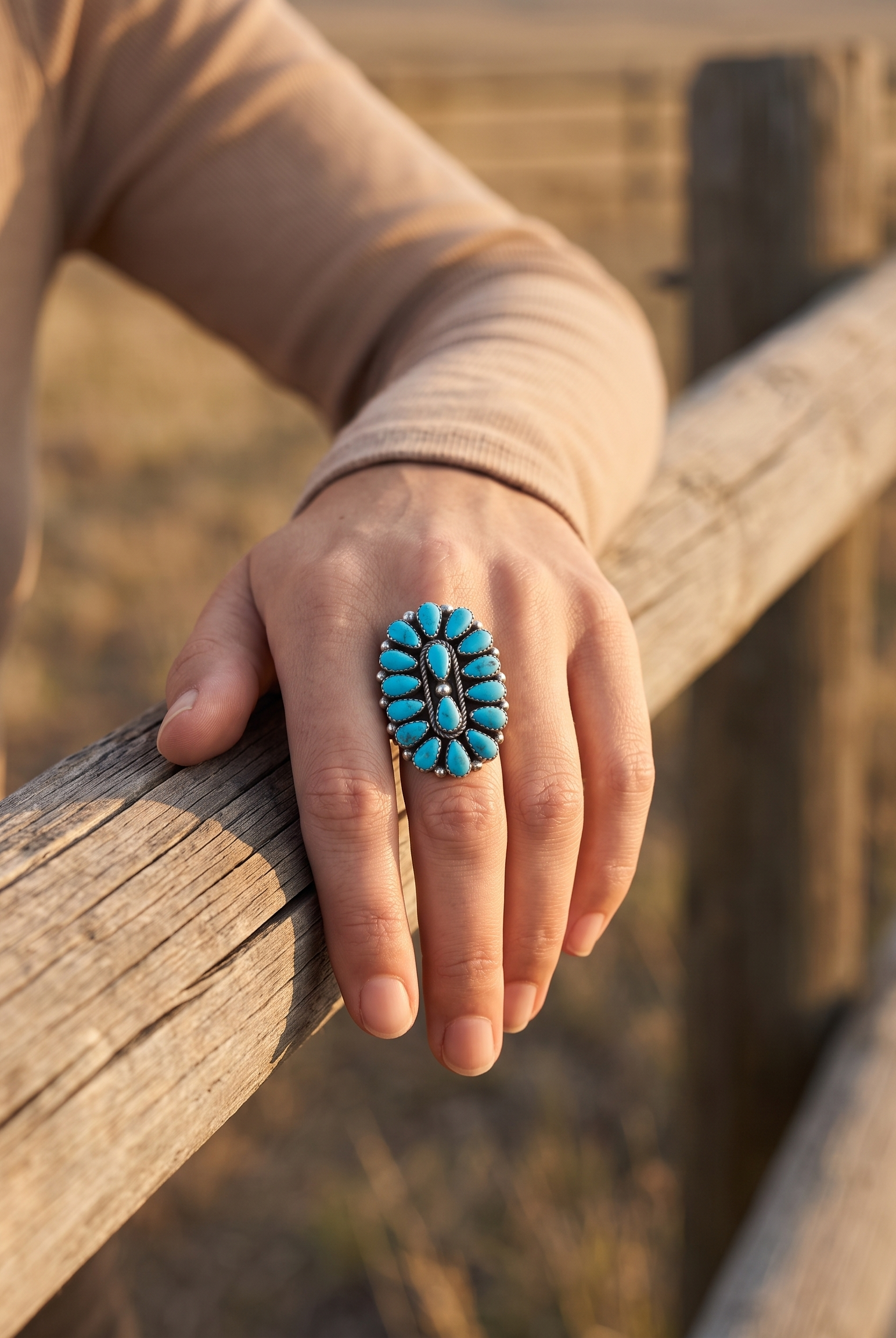 A hand resting on weathered ranch wood wearing the Cowhide & Conchos Eunise Wilson Navajo turquoise ring — heirloom western elegance.