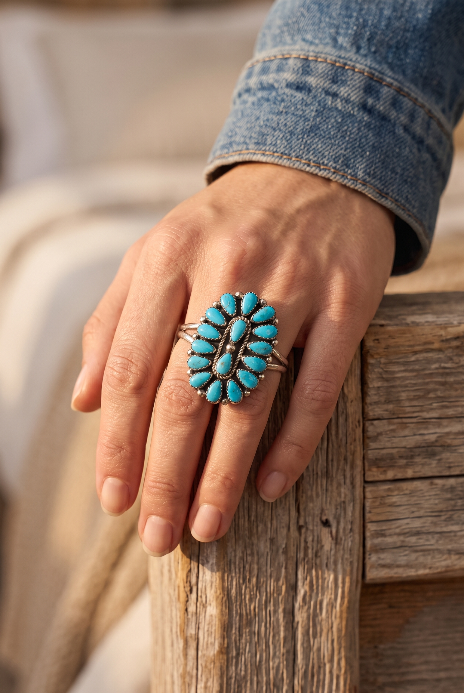 Close-up of the Cowhide & Conchos Eunise Wilson Navajo sterling silver turquoise ring — hallmark artisan craftsmanship up close.