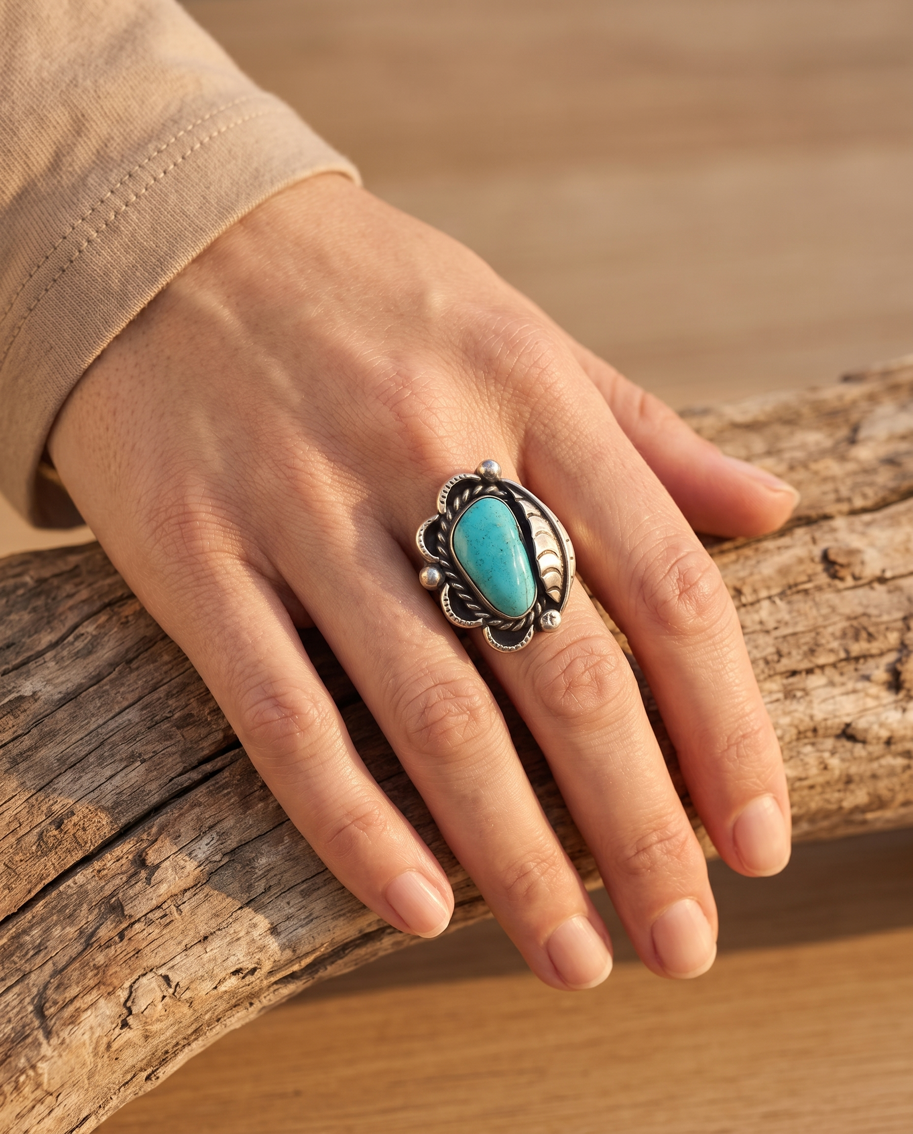 Close-up of the Cowhide & Conchos hand-stamped sterling silver turquoise cabochon ring with leaf detail — up close.