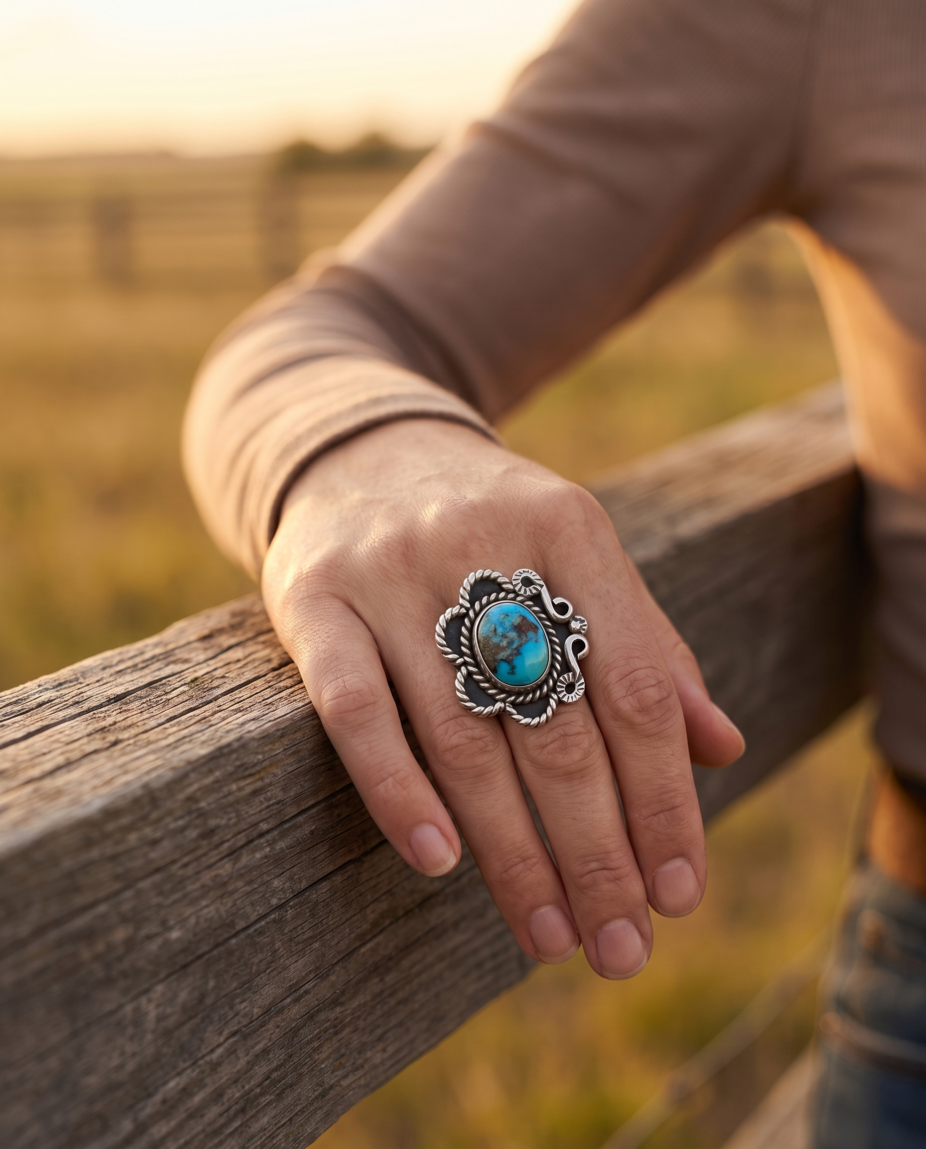 A hand on a ranch fence rail wearing the Cowhide & Conchos hand-stamped sterling silver turquoise ring — timeless western style.