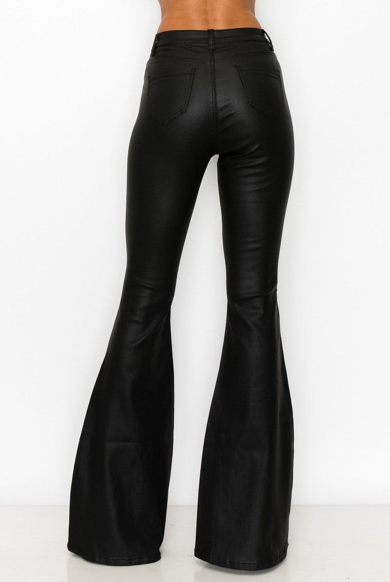 High Waist Black Coated Super Bell Pant - Cowhide and Conchos