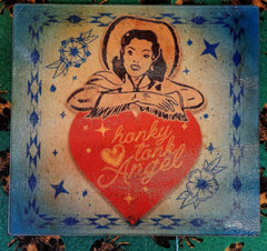 Honky Tonk Angel Glass Cutting board/Charcuterie/Trivet - Cowhide and Conchos