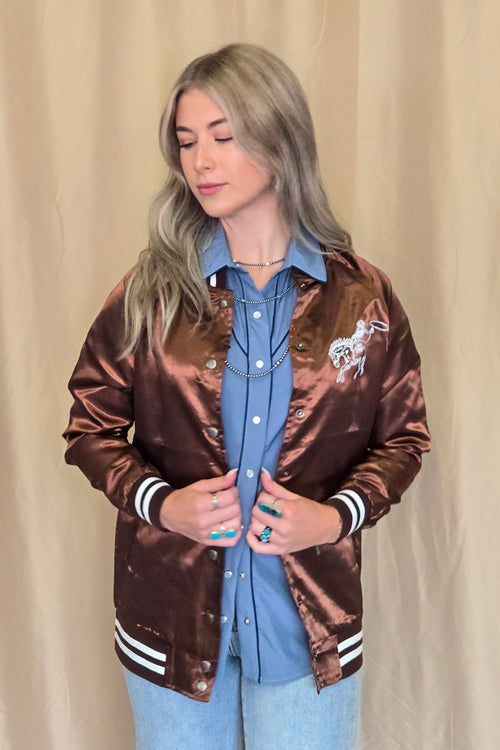 Honky Tonks & Broncs Satin Bomber Jacket - Cowhide and Conchos