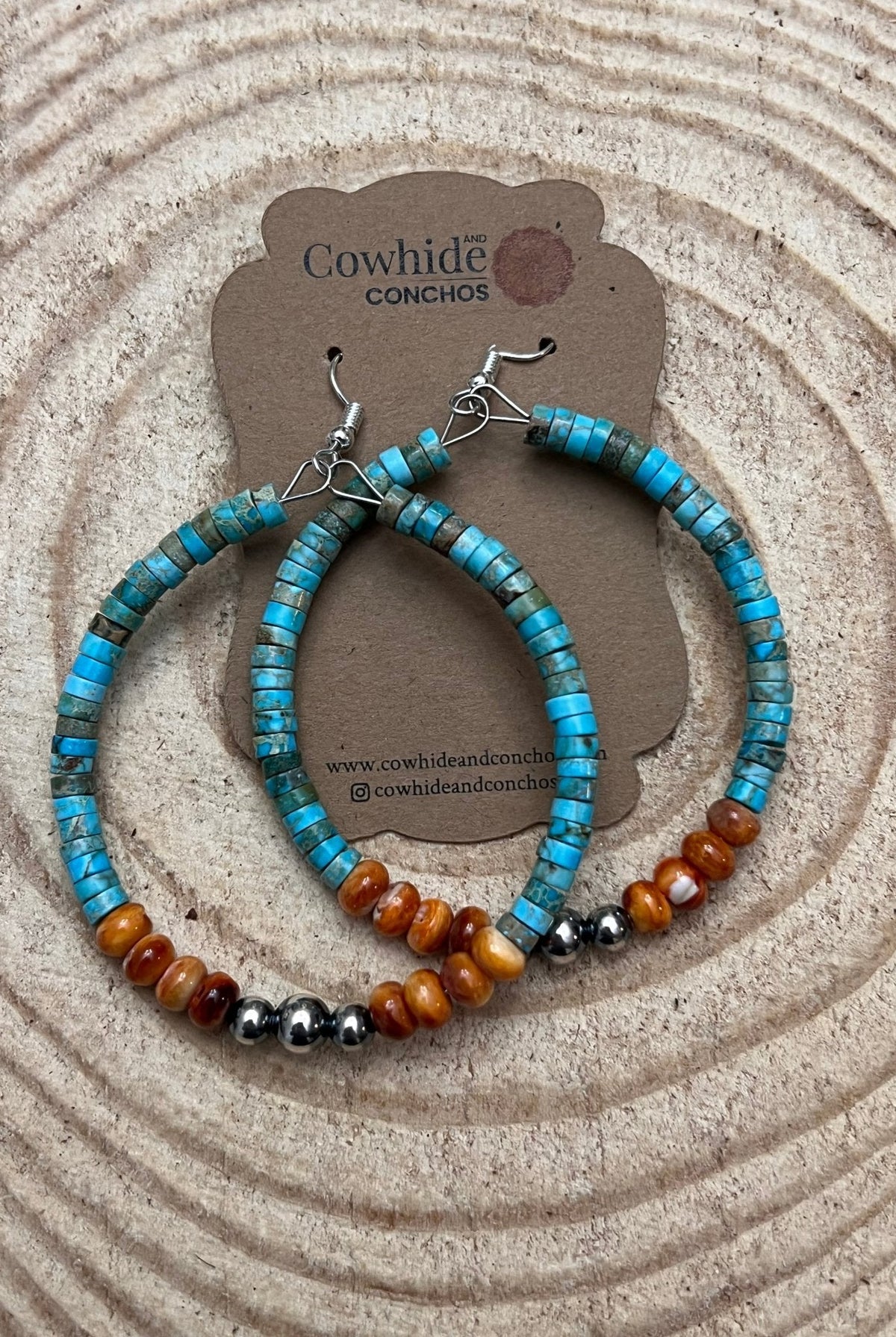 Hoop Earrings With Turquoise, Spiny Oyster & Sterling Silver Pearls - 2 1/4 inch hoops - Cowhide and Conchos