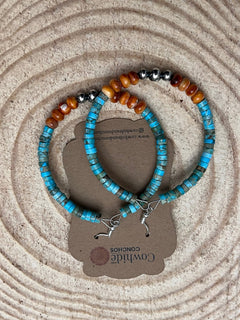 Hoop Earrings With Turquoise, Spiny Oyster & Sterling Silver Pearls - 2 1/4 inch hoops - Cowhide and Conchos