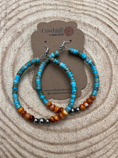 Hoop Earrings With Turquoise, Spiny Oyster & Sterling Silver Pearls - 2 1/4 inch hoops - Cowhide and Conchos