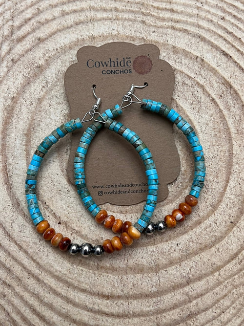 Hoop Earrings With Turquoise, Spiny Oyster & Sterling Silver Pearls - 2 1/4 inch hoops - Cowhide and Conchos