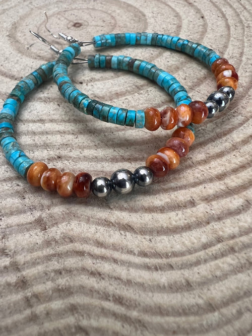 Hoop Earrings With Turquoise, Spiny Oyster & Sterling Silver Pearls - 2 1/4 inch hoops - Cowhide and Conchos