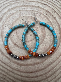 Hoop Earrings With Turquoise, Spiny Oyster & Sterling Silver Pearls - 2 1/4 inch hoops - Cowhide and Conchos