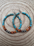 Hoop Earrings With Turquoise, Spiny Oyster & Sterling Silver Pearls - 2 1/4 inch hoops - Cowhide and Conchos