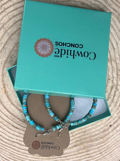 Hoop Earrings With Turquoise, Spiny Oyster & Sterling Silver Pearls - 2 1/4 inch hoops - Cowhide and Conchos