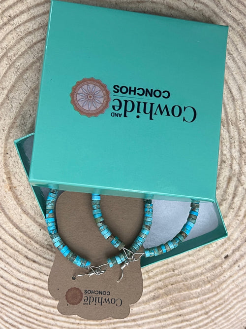 Hoop Earrings With Turquoise, Spiny Oyster & Sterling Silver Pearls - 2 1/4 inch hoops - Cowhide and Conchos