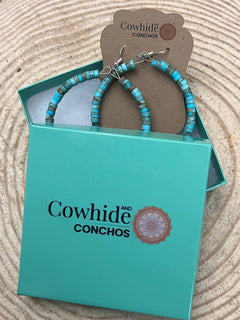 Hoop Earrings With Turquoise, Spiny Oyster & Sterling Silver Pearls - 2 1/4 inch hoops - Cowhide and Conchos