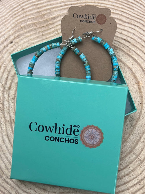 Hoop Earrings With Turquoise, Spiny Oyster & Sterling Silver Pearls - 2 1/4 inch hoops - Cowhide and Conchos