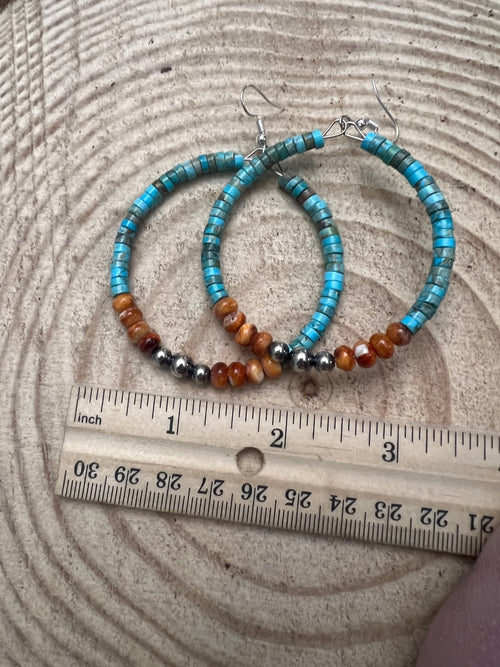 Hoop Earrings With Turquoise, Spiny Oyster & Sterling Silver Pearls - 2 1/4 inch hoops - Cowhide and Conchos
