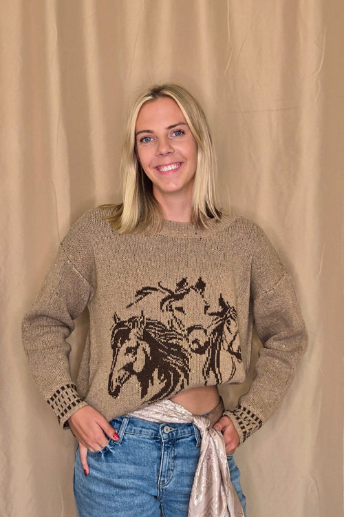 Horse Jacquard Long Long Sleeve Knit Sweater - Tan or Charcoal - Cowhide and Conchos