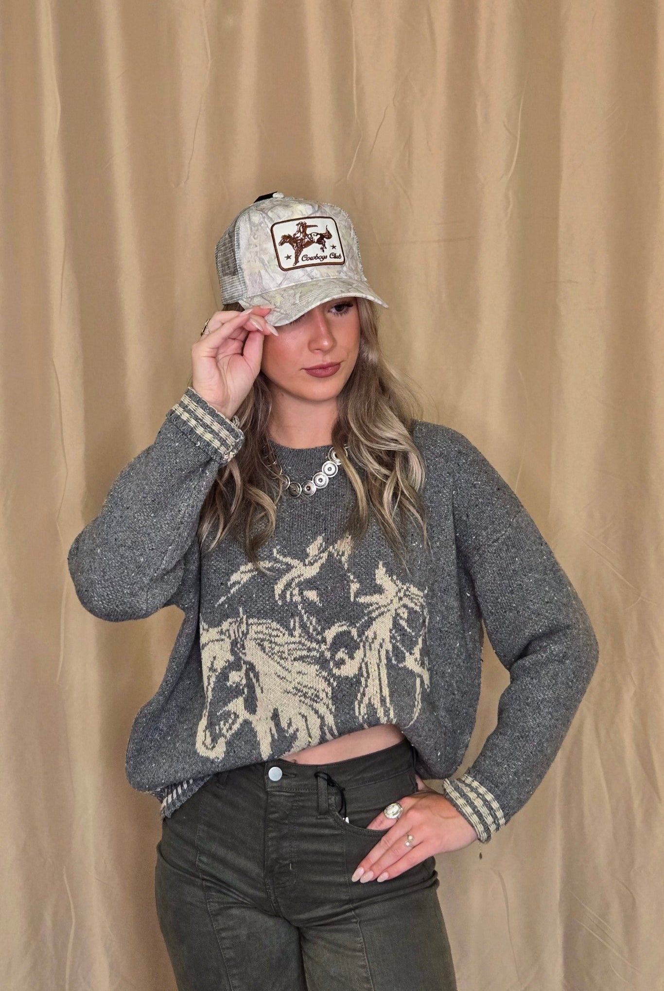 Horse Jacquard Long Long Sleeve Knit Sweater - Tan or Charcoal - Cowhide and Conchos