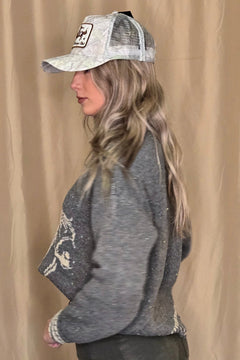 Horse Jacquard Long Long Sleeve Knit Sweater - Tan or Charcoal - Cowhide and Conchos