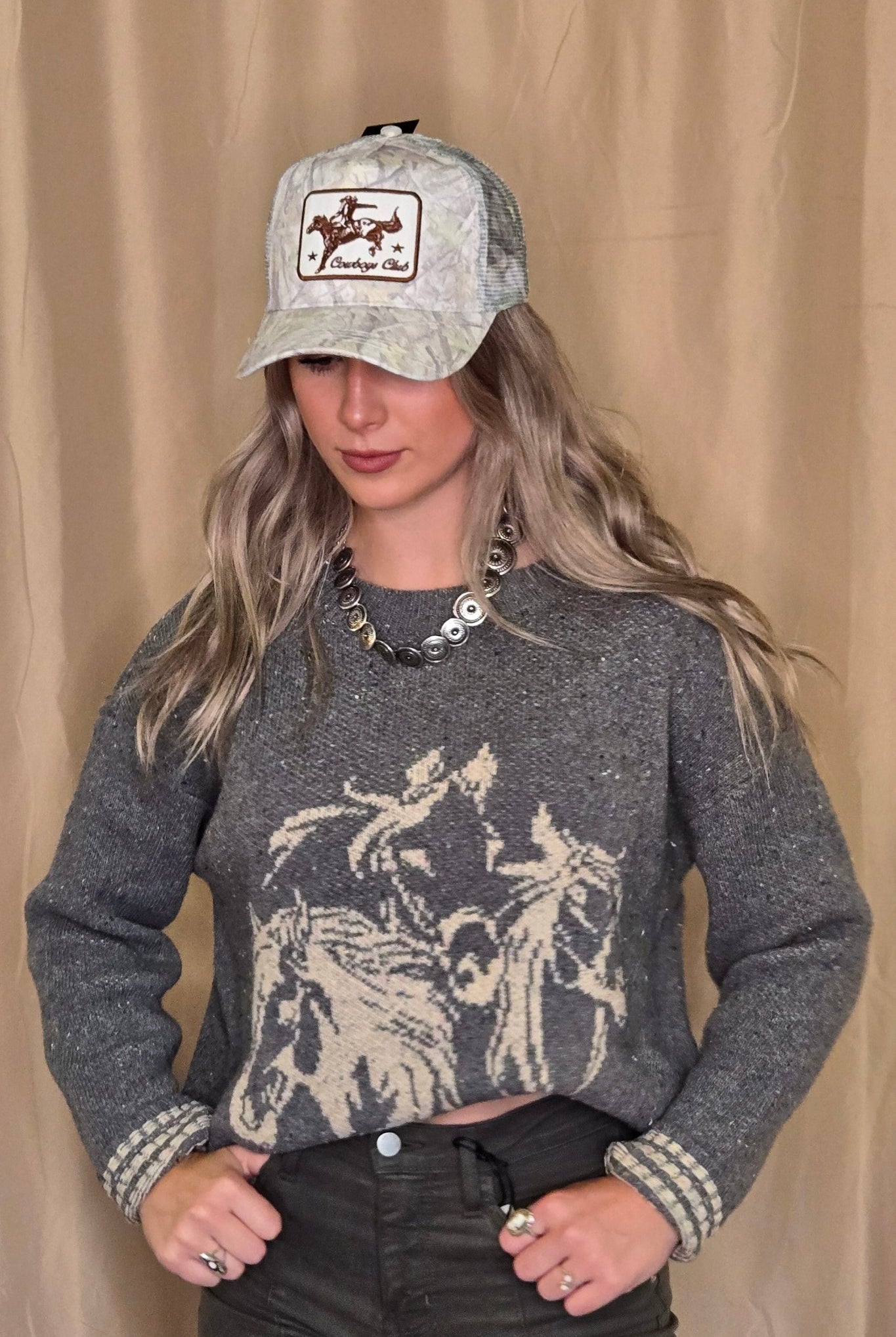 Horse Jacquard Long Long Sleeve Knit Sweater - Tan or Charcoal - Cowhide and Conchos