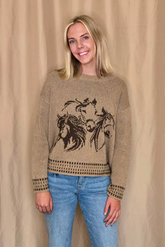 Horse Jacquard Long Long Sleeve Knit Sweater - Tan or Charcoal - Cowhide and Conchos
