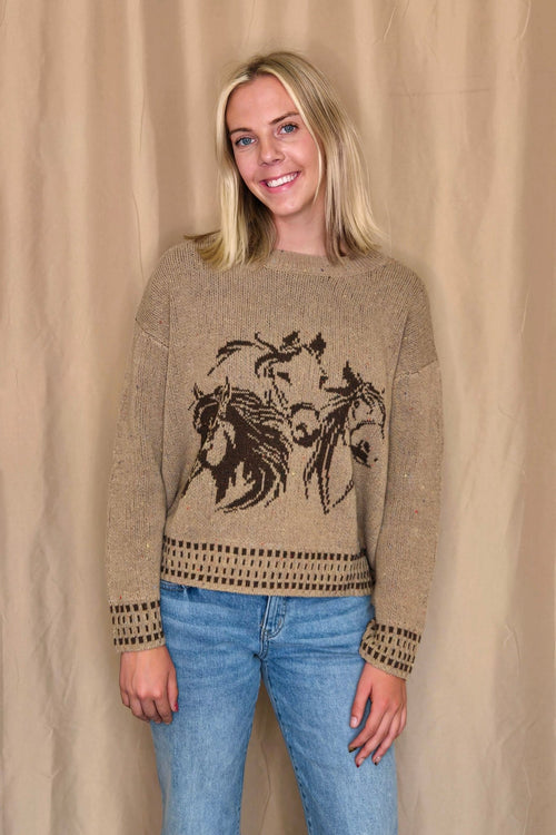 Horse Jacquard Long Long Sleeve Knit Sweater - Tan or Charcoal - Cowhide and Conchos