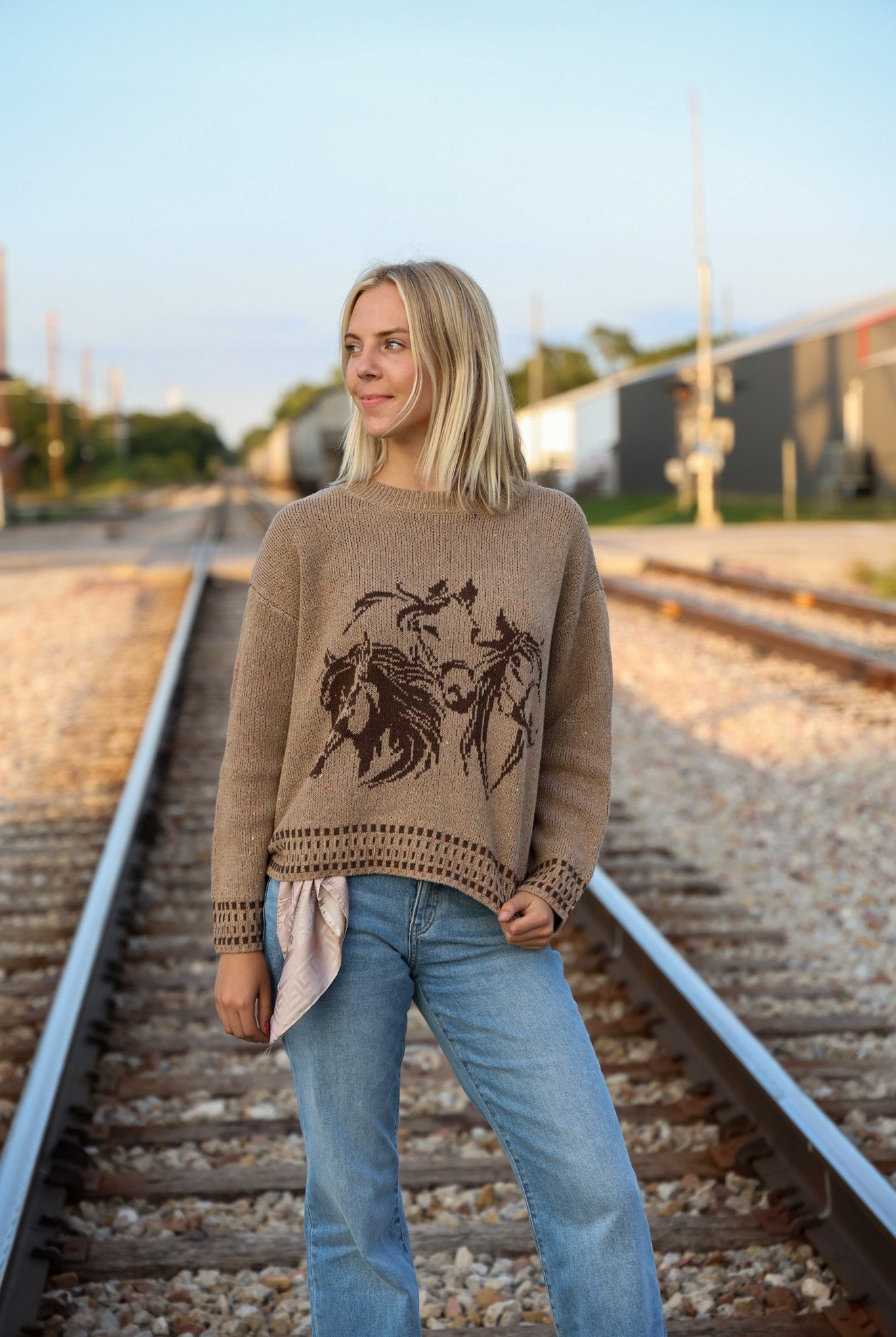 Horse Jacquard Long Long Sleeve Knit Sweater - Tan or Charcoal - Cowhide and Conchos