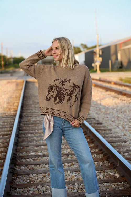Horse Jacquard Long Long Sleeve Knit Sweater - Tan or Charcoal - Cowhide and Conchos