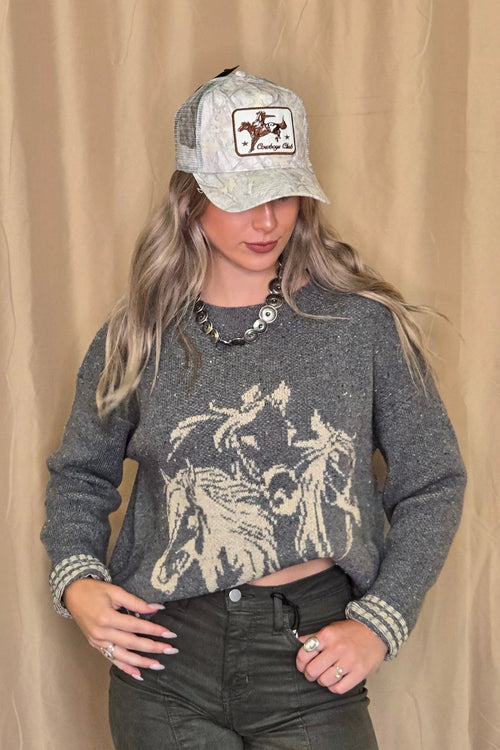 Horse Jacquard Long Long Sleeve Knit Sweater - Tan or Charcoal - Cowhide and Conchos