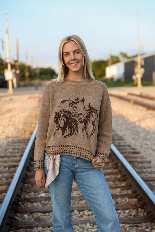 Horse Jacquard Long Long Sleeve Knit Sweater - Tan or Charcoal - Cowhide and Conchos