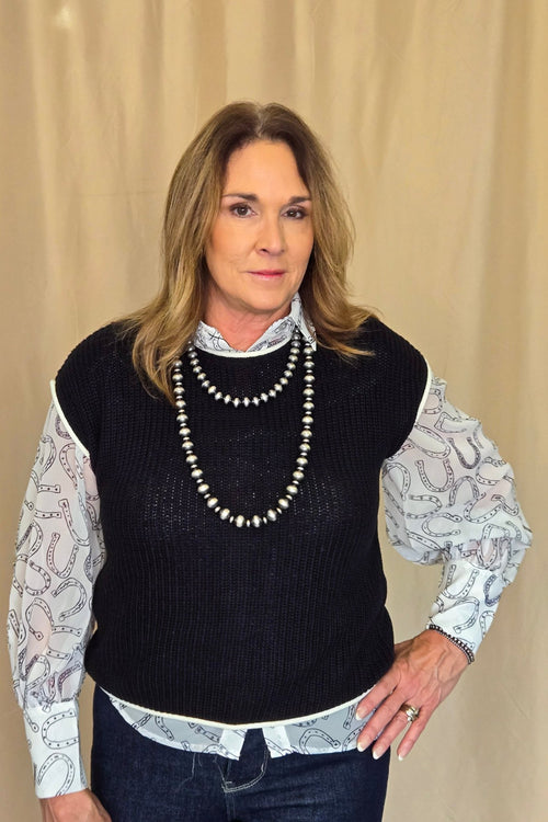 Horseshoe Print Blouse - Cowhide and Conchos