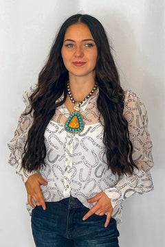 Horseshoe Print Blouse - Cowhide and Conchos