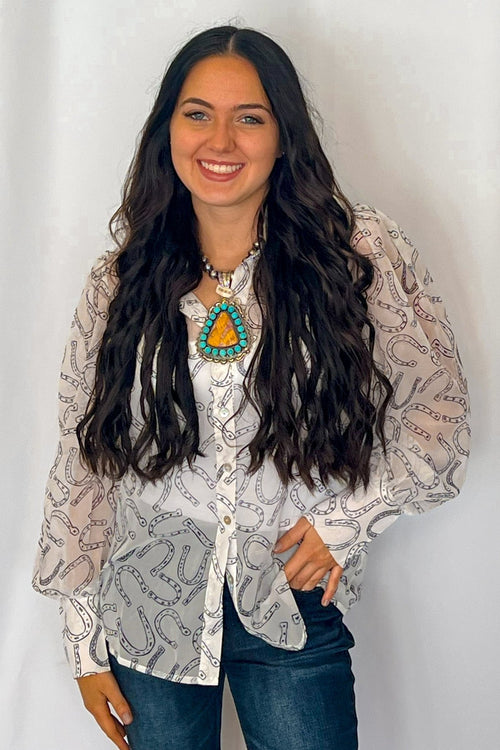 Horseshoe Print Blouse - Cowhide and Conchos