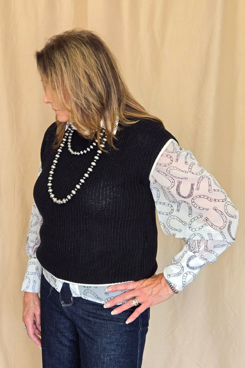 Horseshoe Print Blouse - Cowhide and Conchos