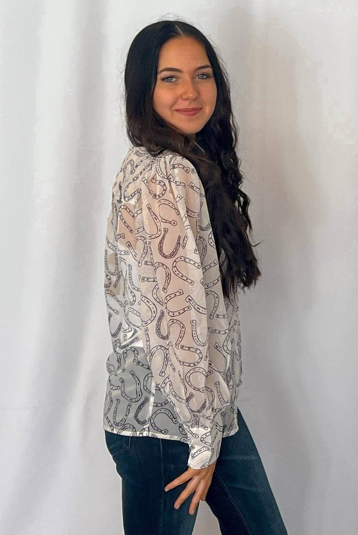 Horseshoe Print Blouse - Cowhide and Conchos