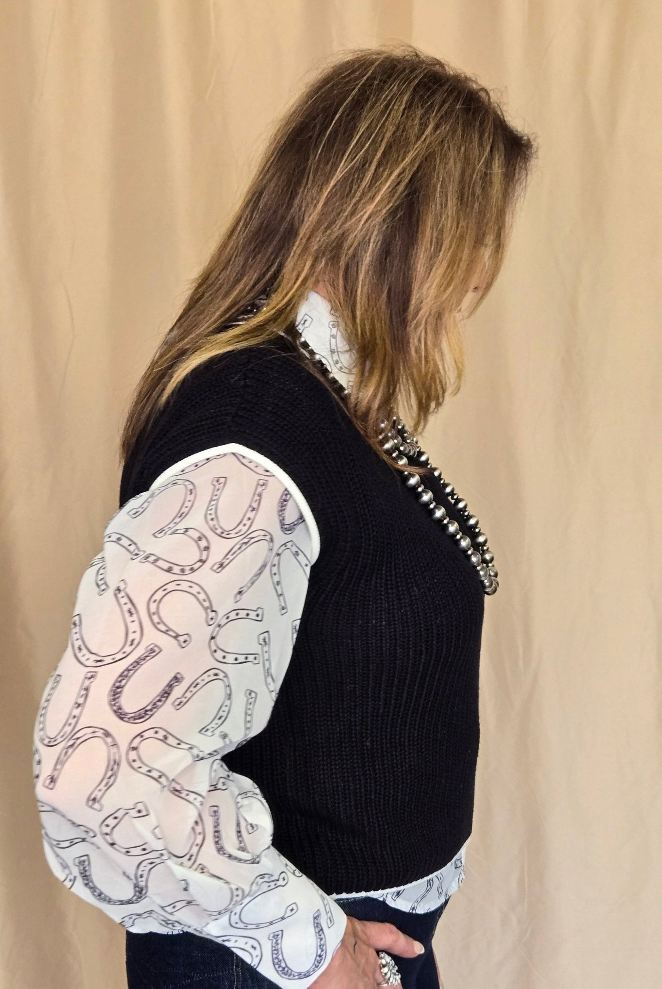 Horseshoe Print Blouse - Cowhide and Conchos
