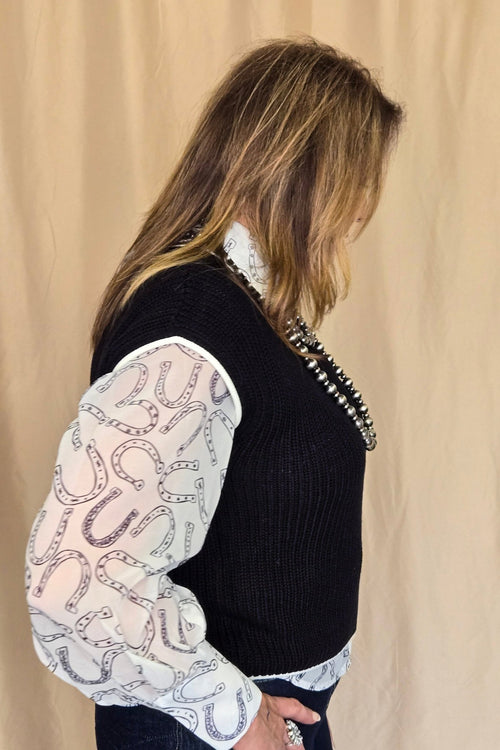 Horseshoe Print Blouse - Cowhide and Conchos