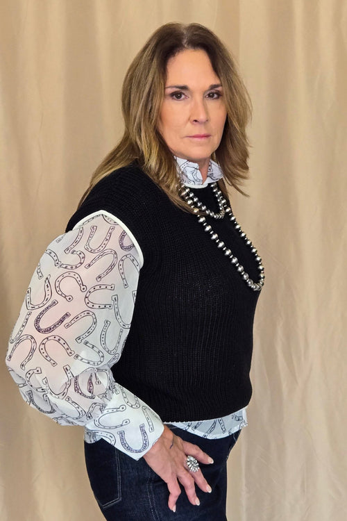 Horseshoe Print Blouse - Cowhide and Conchos