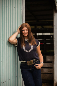 Horseshoe Short Sleeve Knit Sweater - Cowhide and Conchos