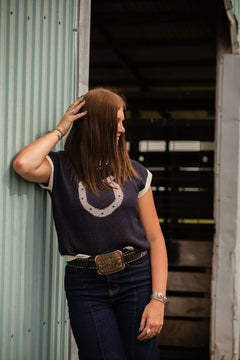Horseshoe Short Sleeve Knit Sweater - Cowhide and Conchos