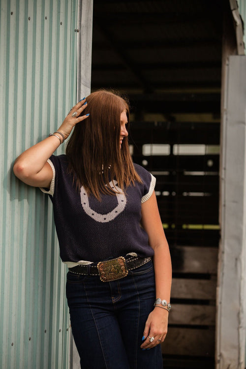 Horseshoe Short Sleeve Knit Sweater - Cowhide and Conchos