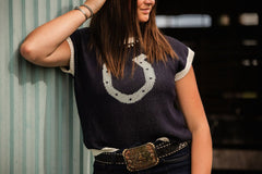 Horseshoe Short Sleeve Knit Sweater - Cowhide and Conchos