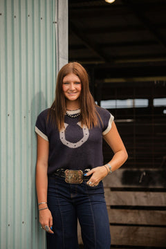 Horseshoe Short Sleeve Knit Sweater - Cowhide and Conchos