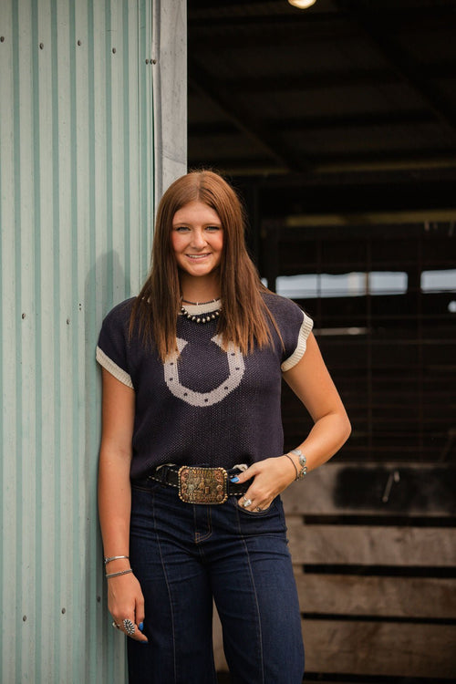 Horseshoe Short Sleeve Knit Sweater - Cowhide and Conchos