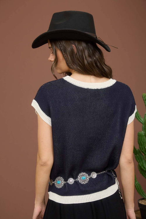 Horseshoe Short Sleeve Knit Sweater - Cowhide and Conchos